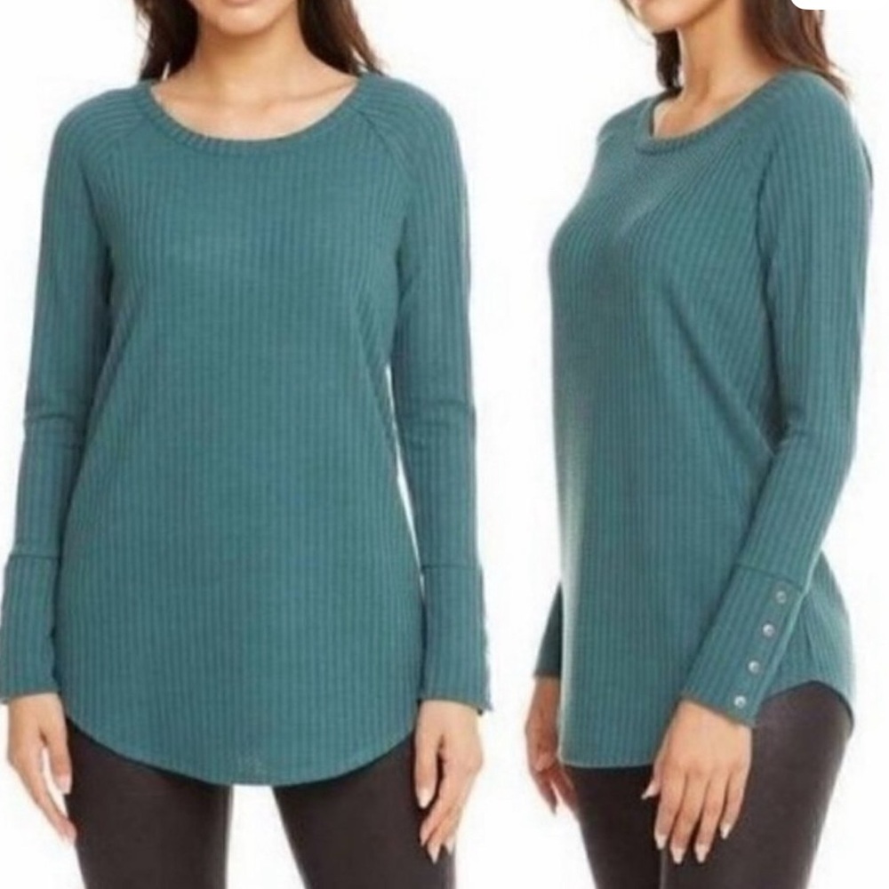 Anthropologie Teal Waffle Knit Long Sleeve Top